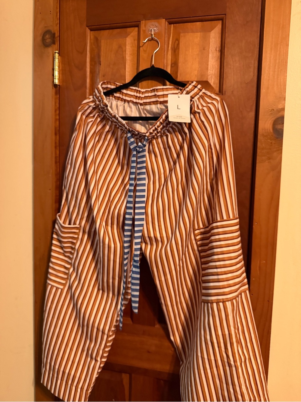 Striped Wide Straight-Leg Pants in Brown and White
